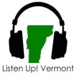 Listen Up Vermont Black silhouette of large headphones surrounding the text “Listen Up! VERMONT” on a white background.