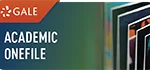 Gale Academic OneFile Banner for “Gale Academic OneFile,” featuring a stack of academic journals or magazines displayed upright with colorful covers.