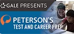 Peterson's Test and Career Prep Banner image with the text “Gale Presents Peterson’s Test and Career Prep.” The left side features the Peterson’s logo, an orange and white abstract shape on a blue background. On the right side, a smiling adult helps a young student with schoolwork.