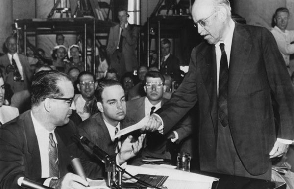 Ralph Flanders confronts Senator Joseph McCarthy and Roy Cohn.