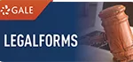 Gale Legal Forms Banner image with a blue background and the Gale logo in the top left corner. Large white text reads “LEGALFORMS.” On the right side, there is a wooden judge’s gavel resting on a laptop keyboard.