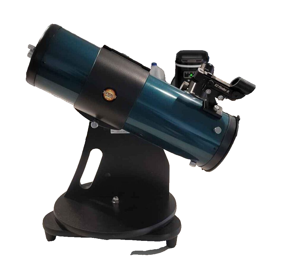 A tabletop Orion StarBlast reflector telescope with a teal optical tube mounted on a black Dobsonian base. The telescope has a finder scope attached on top and adjustment knobs on the side.