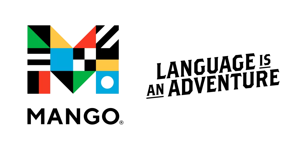 MangoMarketButton Logo for Mango Languages. On the left, a colorful geometric design resembling a stylized parrot, composed of triangles, rectangles, and squares in green, red, yellow, blue, black, and white. To the right, bold black text reads: “Mango Languages,” with the tagline underneath: “Language is an Adventure.”