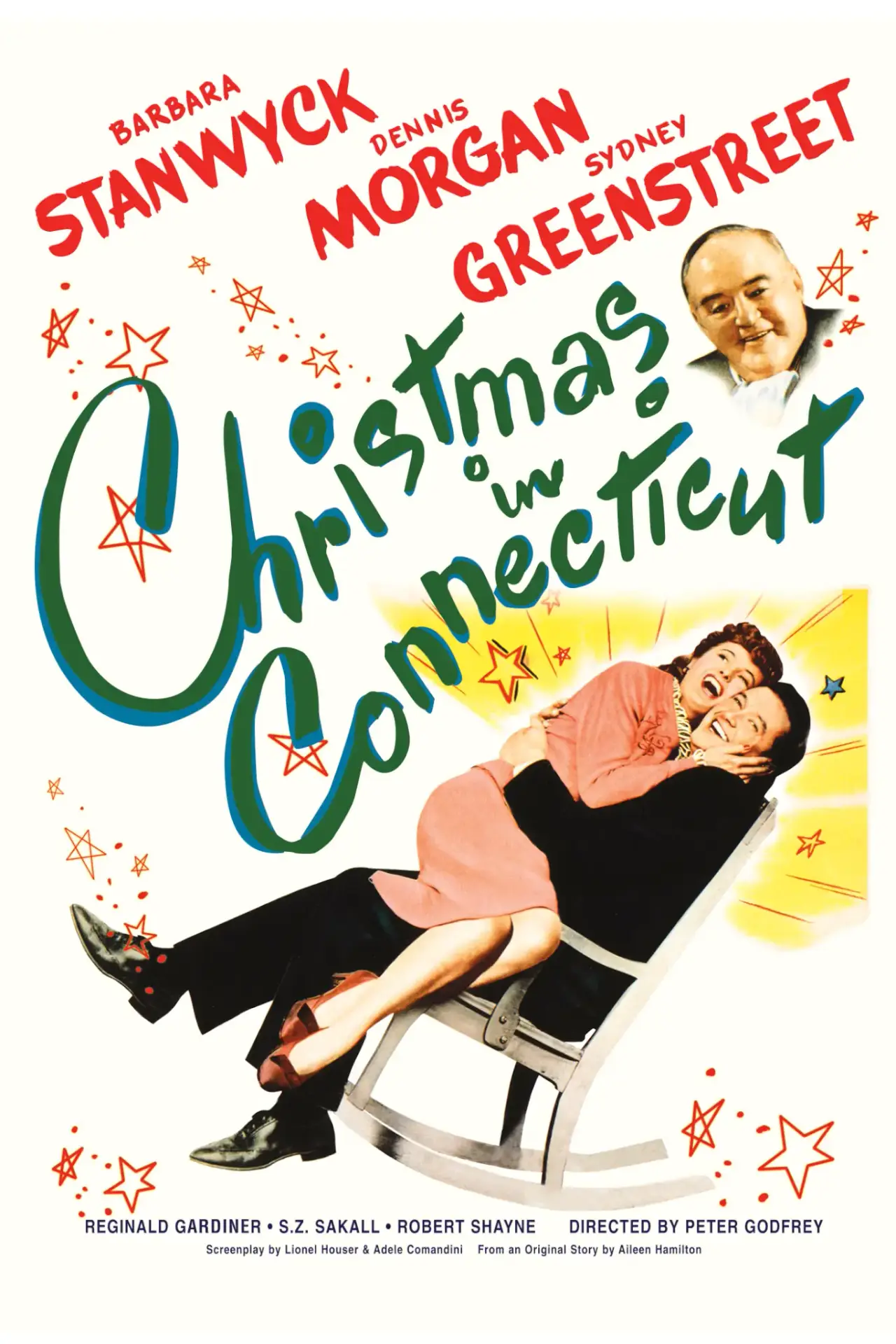 A vintage movie poster for the film "Christmas in Connecticut" featuring cast names Barbara Stanwyck, Dennis Morgan, and Sydney Greenstreet, illustrations of the actors, and a large, colorful script title.