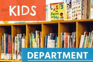 KIDS DEPARTMENT A wooden bookshelf filled with numerous children's books, with the word "KIDS" in large orange text covering the upper left portion of the image, and the word "DEPARTMENT" in large blue text covering the bottom of the image.