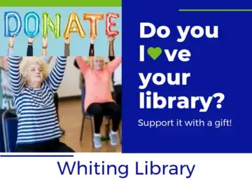 donate A split image promoting library support. The top left features several hands holding up colorful helium balloons that spell "DONATE." The bottom left shows two senior women doing seated chair exercises with their arms raised. The right side has a large navy blue panel with the text "Do you love your library? Support it with a gift!"
