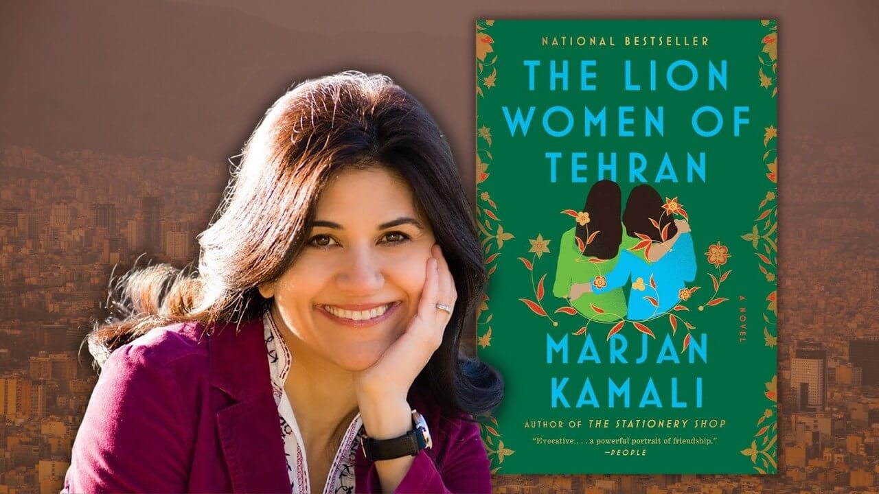 author Marjan Kamali with the cover of her book The Lion Women of Tehran