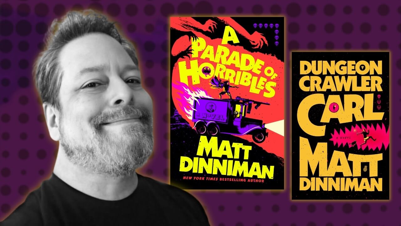 author Matt Dinniman with the covers of his books A Parade of Horribles and Dungeon Crawler Carl