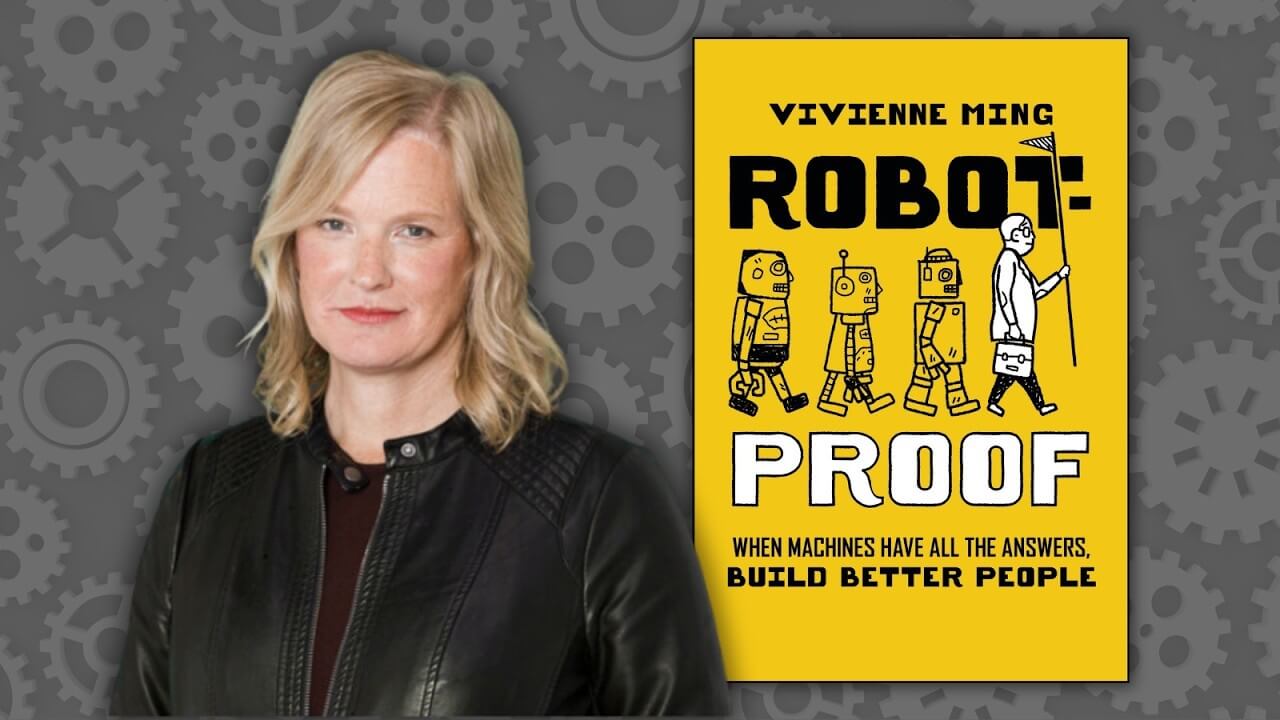 author Dr Vivienne Ming with the cover of her book Robot-Proof