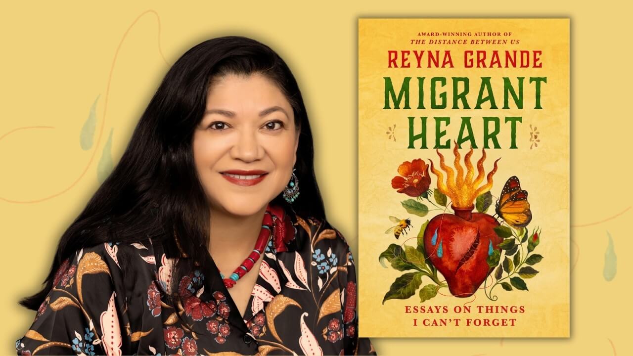 author Reyna Grande with the book cover of her recent book Migrant Heart
