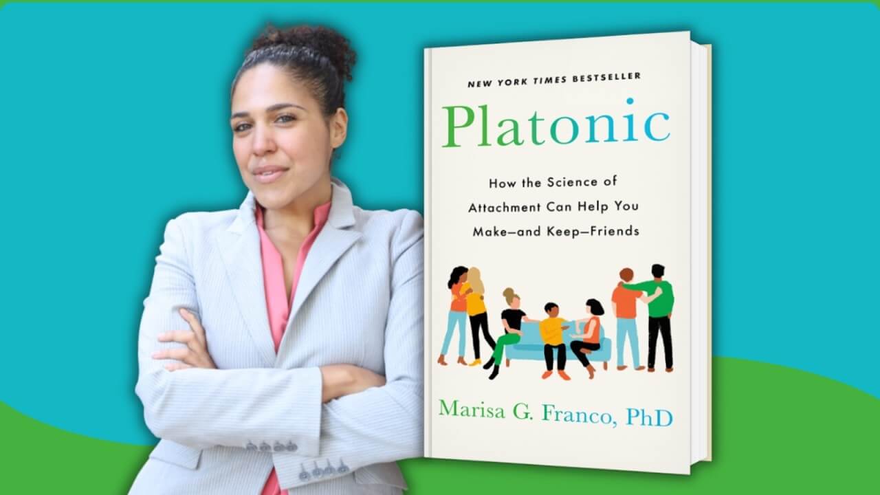 author Dr. Marisa Franco with the cover of her book Platonic