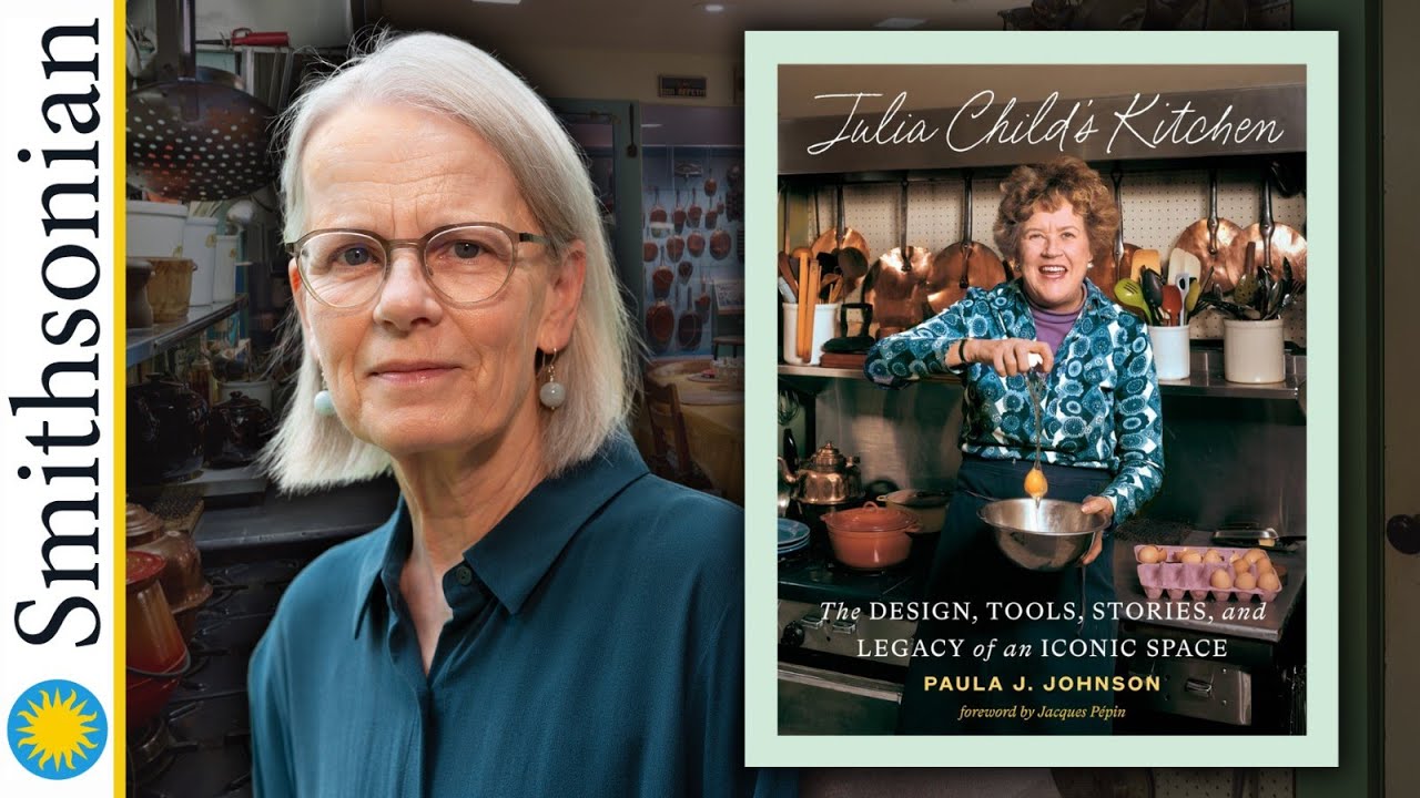 author and Smithsonian curator Paula J Johnson with the cover of her book "Julia Child's Kitchen"